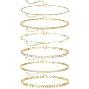 DEARMAY Gold Ankle Bracelets for Women Waterproof – Dainty 6Pcs 14K Gold Plated Anklets Layered Cuban Link Chain Herringbone Cute Anklets Set Pack Summer Beach Jewelry Gift for Women Teen