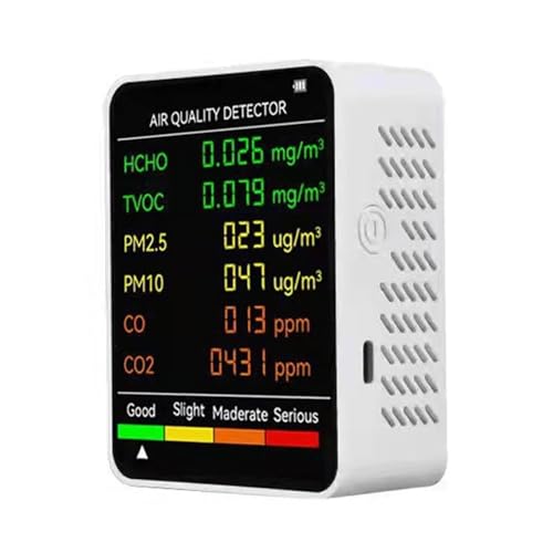 Générique Détecteur de gaz, détecteur de qualité de l'air Portable Multifonctionnel 6 en 1, détecteur de CO2 intérieur, testeur de formaldéhyde HCHO TVOC, Compteur d'alarme de température(White)