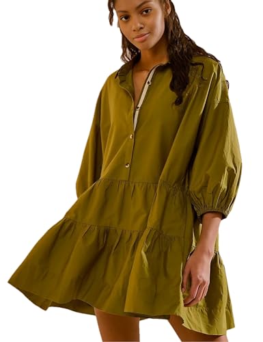 Image of HangNiFang Women's Summer Babydoll Mini Dress Flowy Puff Sleeve Tiered Button Down Oversized Tunic Dress with Pockets