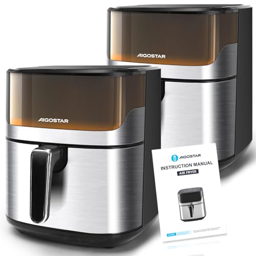 Aigostar Freidora de Aire 6.5L, Freidora sin Aceite con Ventana, 10 programas, Pantalla Digital Táctil, Precalentamiento Inteligente, Descongelación, DIY, La luz es controlable, Acero Inox. 2 Piezas