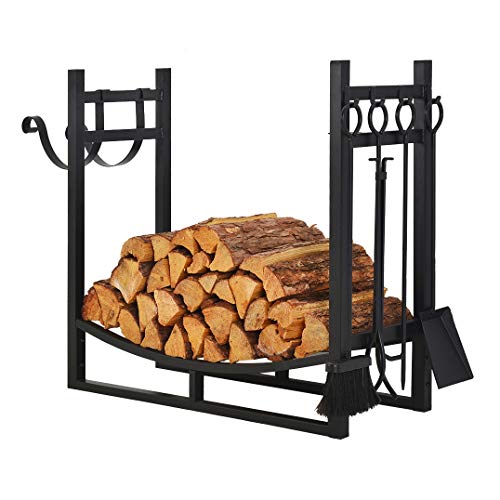 Patio Watcher 3-Foot Firewood Rack Wood Storage Log Holder with Kindling Holder and 4 Tools Indoor Outdoor Fireplace Heavy Duty Steel Black