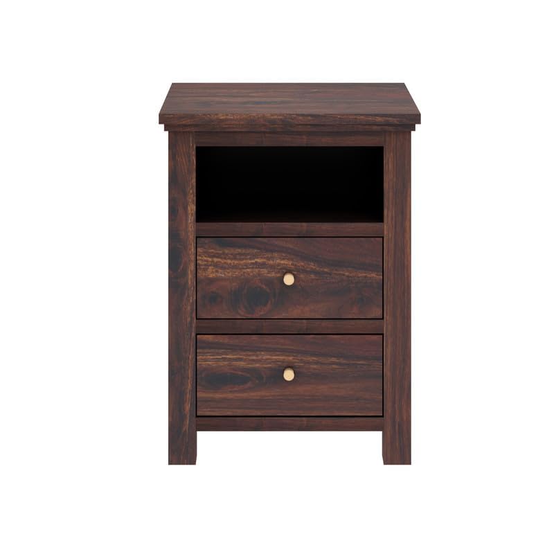 Image of Solid Sheesham Wood Bedside Table with 2 Drawer & 1 Shelf Storage for Bedroom, End Table, Side Table for Living Room (Walnut Finish)