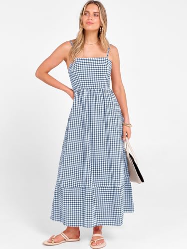 Image of Caracilia Womens Maxi Dresses Gingham Spaghetti Strap Back Smocked Flowy Long Sundress Summer Beach Vacation Clothes 2026