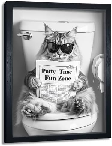 Funny Cat Wall Art Framed - Black And White Cat with Sunglasses Canvas Print Pitures for Bathroom Restroom Wall Decor - Framed Humorous Bathroom Wall Art 8
