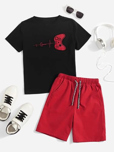 Image of SOLY HUX Boy's Letter Graphic Short Sleeve Tee Shirt and Drawstring Waist Shorts Set 2 Piece Outfit