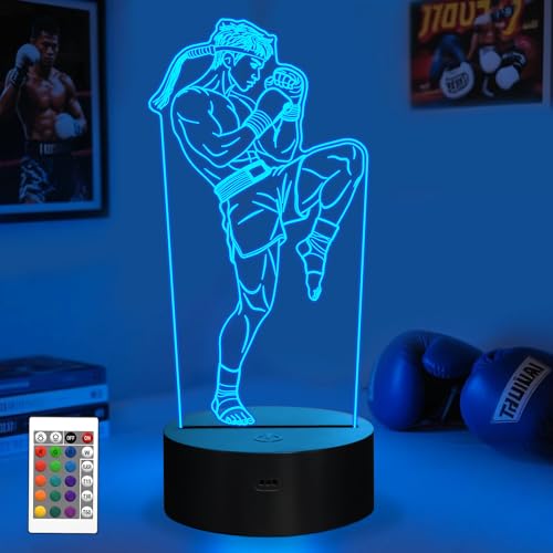 Image of OkiyiD Muay Thai Gifts for Men, 3D Muay Thai Night Light Illusion Lamp with 16 Colors Remote Control, Martial Art MMA Gift for Kids Boys Men Birthday Xmas Decor