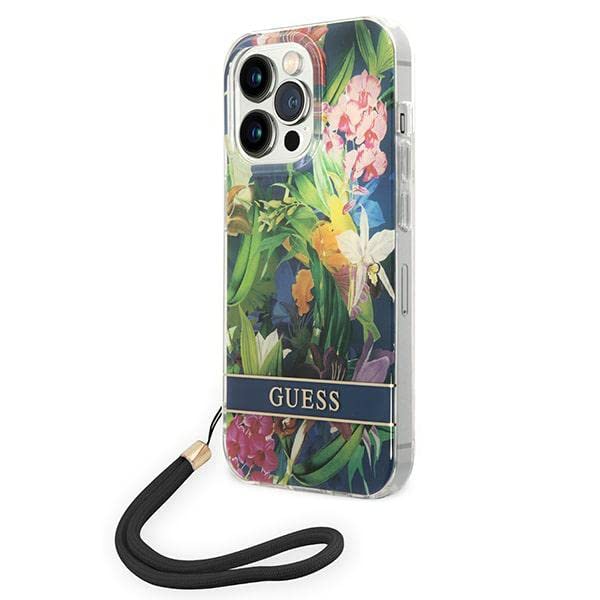 GUESS GUOHCP14LHFLSB Coque pour iPhone 14 Pro 6,1" Bleu/Bleu Coque Rigide Sangle Fleur