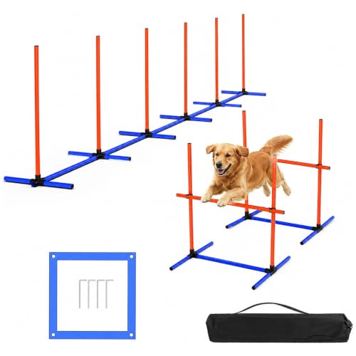 Dog Agility Training Equipment 4-Sets Adjustable Dog Jumps & Hurdles Set for Backyard Outdoor Dog Obstacle Course Training Starter Kit with Weave Poles Pause Box & Carrying Bag for Large Small Dogs
