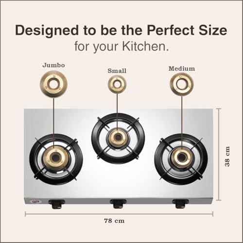 Image of Jyoti Lean 3 Gas Stove 3 Burner Stainless Steel | Direct Flame Forged Brass Burners Burners | Sturdy Pan Supports | Easy Clean Trays | ISI Certified