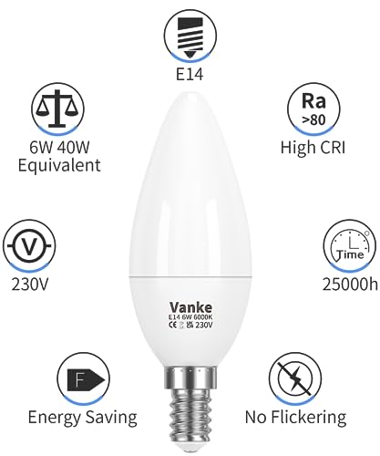 Vanke E14 LED Light Bulb, Cool White 6000K, 6W (40 Watts Equivalent), 470 Lumen LED Candle Bulb, SES Small Edison Screw Light Bulbs, Non-Dimmable, Pack of 3 - Image 3