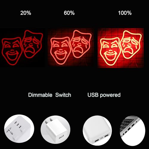 Image of Theater Mask Neon Sign for Home Theater Room Decor Comedy Tragedy Theater Masks Wall Art for Movie Classroom Room Decor Theater Masks lamp