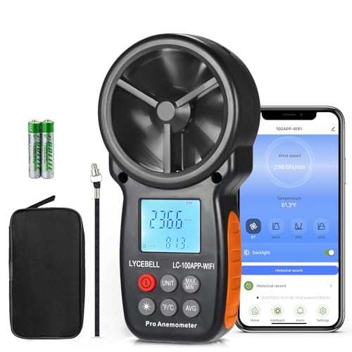 ‌LYCEBELL Anemometro Professionale con Controllo WiFi & Registrazione Dati – Misuratore Sans Filo di Velocità del Vento e Temperatura per HVAC, Droni, Vela, Surf, con MAX/MIN/MED, Compatible Zigbee‌