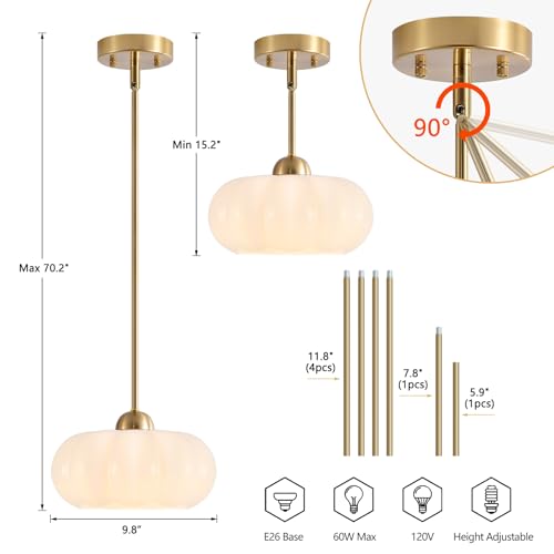 ALZWDHZ White Milk Glass Pendant Light Chandelier, 9.8" Hanging Mid Century Modern Ceiling Light Fixture, Adjustable Gold Vintage Chandelier for Dining Room Bedroom Hallway Foyer by ALZWDHZ - Image 2
