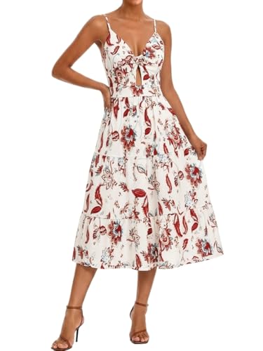 Image of Angashion Women's Dresses-Summer Floral Bohemian Spaghetti Strap Button Down Swing Midi Dress