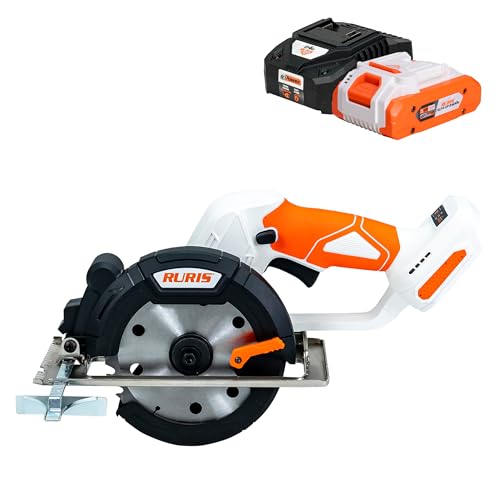 RURIS Scie Circulaire Sans Fil RMX3140 Disque 140 mm - Vitesse 6800 tr/min - Profondeur et Angle de Coupe Réglables - Batterie 20V 4Ah + Chargeur Inclus
