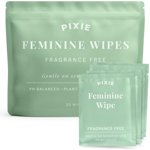 Pixie Feminine Wipes - Flushable, Biodegradable &amp; pH Balanced, Individually Wrapped Wipes for On-the-Go &amp; Public Bathrooms, 20 Count