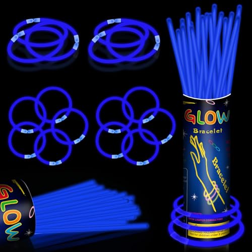 100 Pack 8 Blue Glow Sticks Bulk - Glow Necklaces & Bracelets with Connectors Bright Neon Glow in The Dark Party Favors Supplies for Halloween Birthday 4th of July New Year Wedding Carnival