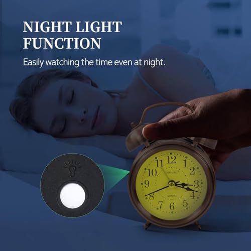 Image of DRONTER Vintage Twin Bell Analog Display Table Alarm Clock with Night LED Light Heavy Slippers Extra Loud Alarm Clock Ideal for Student and Kids Bedroom (Black) (COPPERr), 8x9 Cm