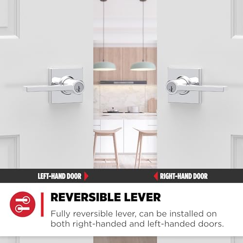 Image of Kwikset Casey Entry Door Handle with Lock and Key, Secure Keyed Reversible Lever Exterior, Door Lock, For Front Door Entrance and Bedrooms, Polished Chrome, Pick Resistant Smartkey Rekey Security