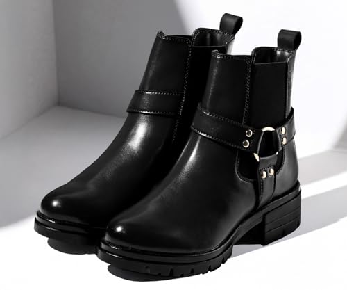 Image of LOUIS STITCH Women's High Ankle Boots| Round Buckle with Straps Slip-On Boots | Casual Slip-On Long Boots for Women | Casual & Formal Outings | LSLD-CLBT-RBTS