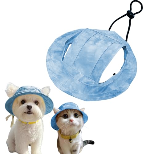 JINGYAN Dog Sun Hat with Ear Holes，Dog Cat Summer Beach Visor Hat，Adjustable Small and Medium Dog Tie-Dye Cotton Fisherman's Hat for Hiking，Beach & Camping (Blue, Large)