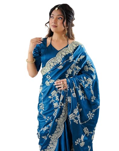 Image of Satrani Women's Satin Embroidery & Sequin Work Saree with Unstitched Blouse Piece