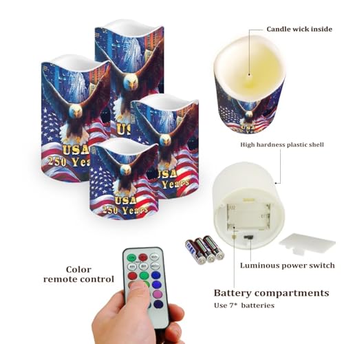 Image of American Flag Fake Candles Bald Eagle Fourth of July LED Candle Battery Operated Flickering Remote 250th Anniversary Patriotic Decor for Bedroom Wedding Restaurant, 4 Pack