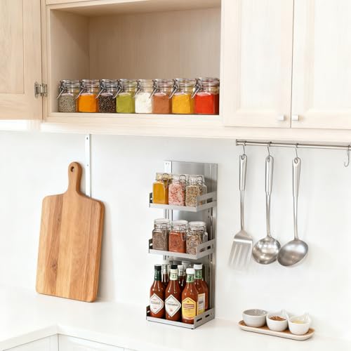 Image of ComSaf Square Glass Spice Jars 4 oz 6 Pack with Labels and Funnel Set | Airtight clamp lids, eight labels, compact canisters for dried herbs, seasoning blends, seeds, tea, jam and organized refills