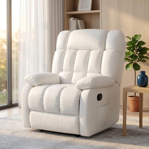 Image of Oversized Recliner Chair, Leather Recliner Adjustable with Side Pockets, Living Room Reclining Lounge Chair for Adults, Small Spaces Comfy Sofa with Theater Seating for Bedroom, Movie,White