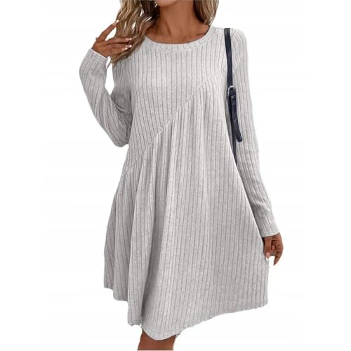 Damen Kleider Geripptes Elegant Strickkleid Damen Winter Langarm Strick Pulloverkleid Oversize A Linie Plissee Kleid Frauen Rundhals Locker...