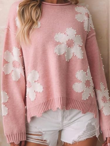 Image of Women's Cute Heart Sweater Love Print Valentine Romantic Knitted Top Casual Crewneck Long Sleeve Sweaters Pullover
