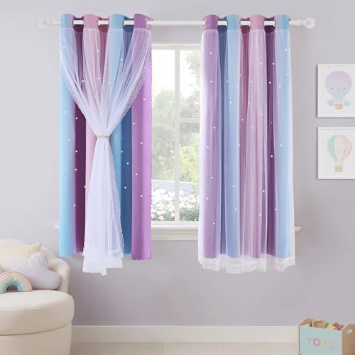 PONY DANCE Blackout Curtains for Kids - Stars Cut Out with Sheer, Romantic Eyelet Drapes for Girls Princess Bedroom, Kids Living Room, Nursery, 2 Panels, W 52 x L 54 inch, Purple Blue Pink