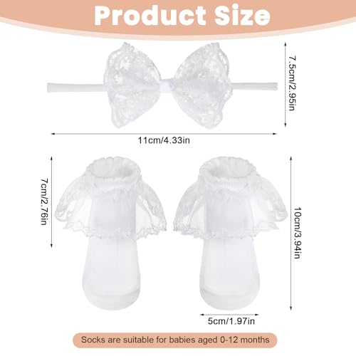 Baby Lace Bow Headband and Sock Set Toddler Ruffle Cotton Socks White Elastic Christening Headbands Hair Accessories for Infant Newborn (0-12 Months)3