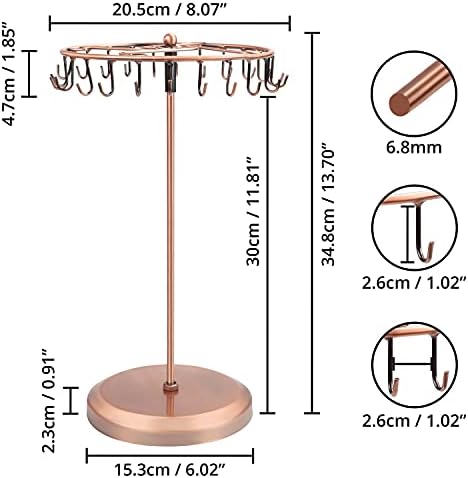 BELLE VOUS Copper Metal Rotating Jewellery Holder Display Stand (23 Hooks) - H34.8 x W20.5cm / 13.70 x 8.07 Inches - Hanging Organiser Tower Rack - Storage for Necklaces & Bracelets, Rings & Earrings