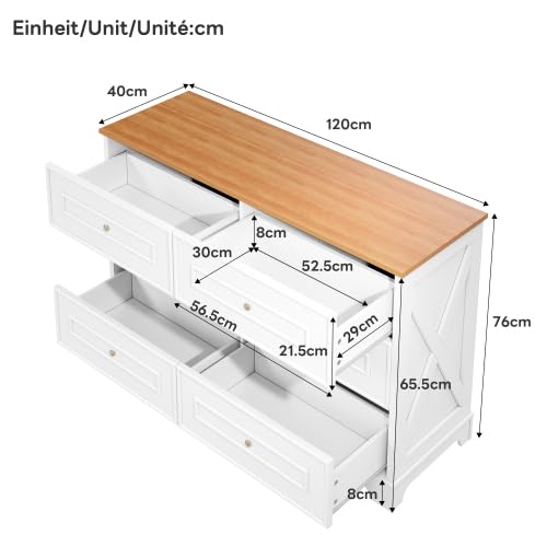 vutizal Cassettiera rustica 120 cm con 6 cassetti, credenza bianca effetto legno con manici dorati, mobili per camera da letto