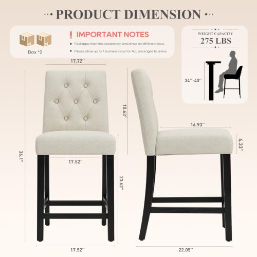 Image of MALOL Bar Stools Set of 3, Fabric Counter Height Bar Stools,Beige