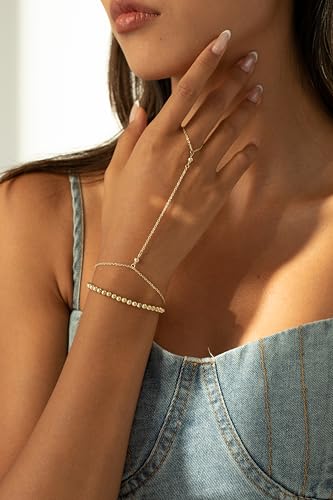 14K Gold Plated Hand Chain Bracelets for Women Trendy, Dainty 2PCS Ring Bracelet Hand Chain Finger Bracelets Layered Stackable Link Bracelets for Women Jewelry Gifts for Women4