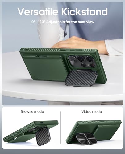 Image of Vihibii PC + Silicone For Samsung Galaxy S24 Ultra Back Cover With Card Holder(4 Cards)&Stand&Camera Lens Cover&Raised Edges Protect Screen,Rugged Shockproof Phone Case For Galaxy S24 Ultra 6.8 inch,Green