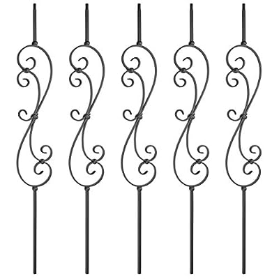 Myard Spindle Scroll 1/2 Inches Square Iron Stair Balusters, 44 Inches 5-Pack (Satin Black)