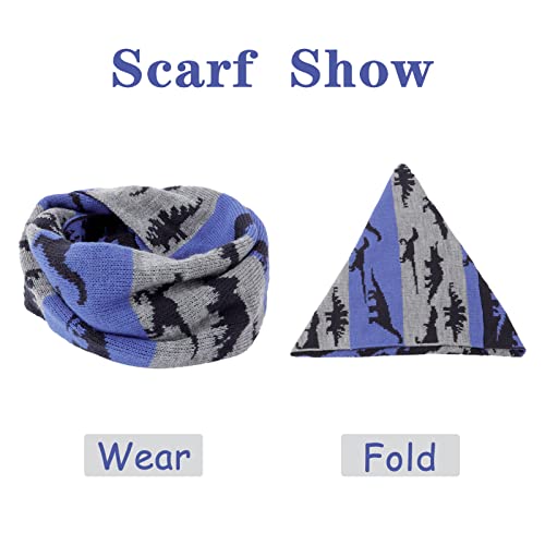 Image of ACTLATI Winter Dinosaur Boy Winter Hat Scarf Mittens Set Warm Beanies Earflap Fleece Pompom Lining Cap for Toddler Kids