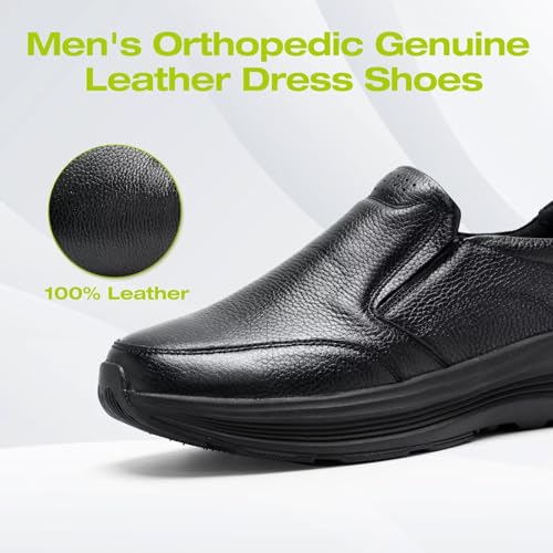 Men's Orthopedic Leather Dress Walking Shoes: Lightweight Arch Support Slip-On Loafers for Plantar Fasciitis and Flat Feet, Cushion Thick Sole Oxford Shoes for Shopping, Hanging Out Black Size 82