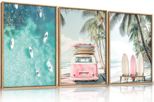 HOURIA Summer Surfboard Beach Framed Canvas Wall Art Set,Modern Ocean Surfing Seascape Wall Decor,Coastal Bus Coconut Tree Wall Painting,Nature Botanical Art Prints for Living Room, Bedroom-24 x36 x3