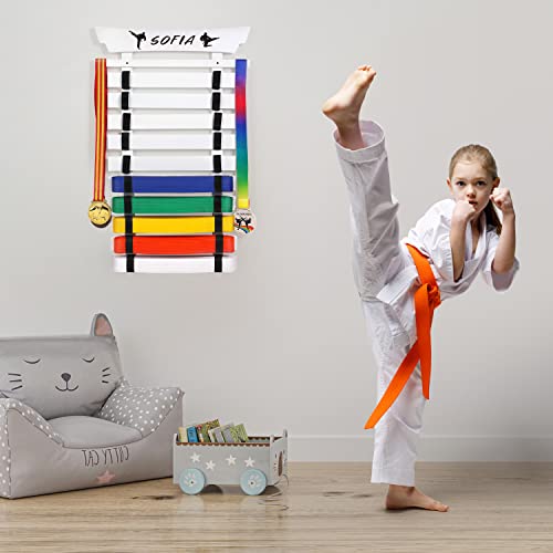 Winartton 10 Belts Karate Belt Display Rack, Martial Arts Belt Display With Personalized Stickers, White Taekwondo Belt Display Holder For Bjj, Jiu Jitsu, No Assemble Required #TOP4