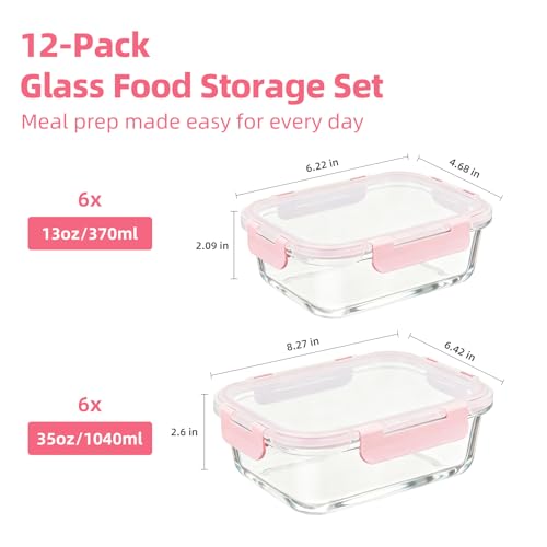 Image of Konokyo Pink Glass Food Storage Containers with Lids, Meal Prep, 12 Pack