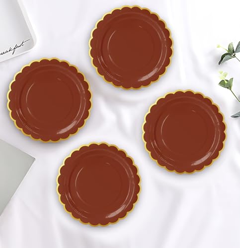 Image of HEIPINIUYE 50 Pieces Brown Paper Plates with Gold Foil 7 Inch Disposable Brown and Gold Scalloped Dinner Plates for Wedding Baby Shower Birthday Party Dessert Plate