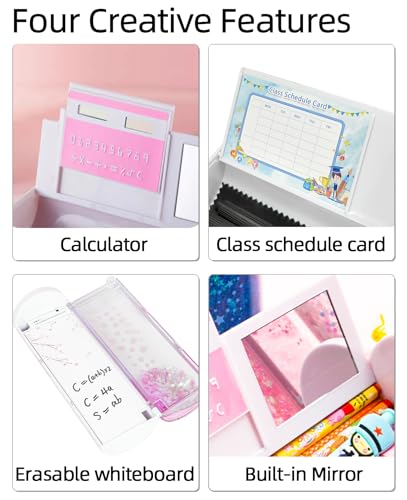 Multifunctional Pencil Case Box with Lock, Calculator, Quicksand, Mirror, Standing cylinder Shape, Cute Pen Holder, Kawaii Desk Organizer for Girls, Boys, Kids, School Supplies(Sakura forest)