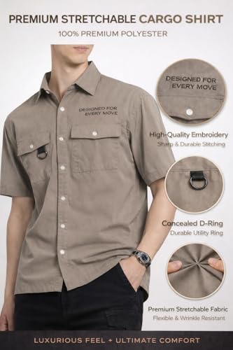 Image of ZERNY Men's Premium Utility Pocket Casual Shirt | Wrinkle Less Mechanical Stretch Fabric | Half Sleeve Relaxed Fit Button Down Shirt Polyester Blend
