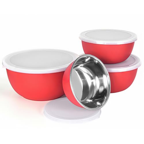 Image of Microwave Safe Stainless Steel Food Storage Container with Lid | Euro Mixing Bowl Set for Kitchen | 500ml, 750ml, 1250ml, 2000ml | Pack of 4 (Red Plain 4)