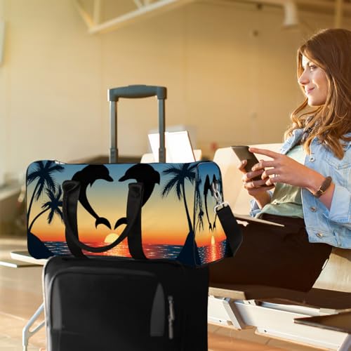Ocean Animal Dolphin Palm Tree Weekender Bag Travel Duffle Bag for Women Men Overnight Shoulder Bags Waterproof Foldable Sports Gym Tote Bags Carry On Luggage for Travel Sports Dance Yoga Hospital 7
