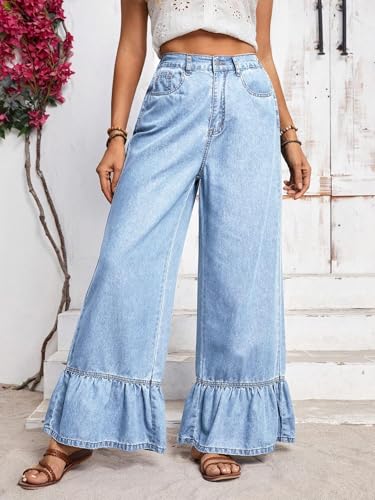 Women's Mid-Rise Jean Casual Ruffled Hem Wide Leg Jeans4